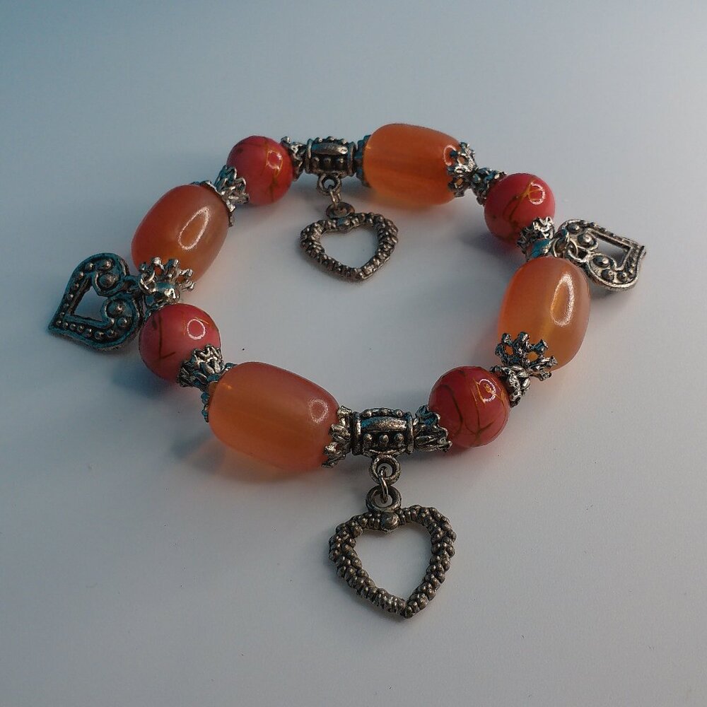Women's Peach Clear Crystal beaded Bracelet, with little silver hearts